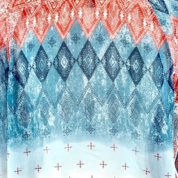 BCBGMaxAzria size S orange blue & ivory BOHO tie front long puffed sleeve blouse - Picture 13 of 15